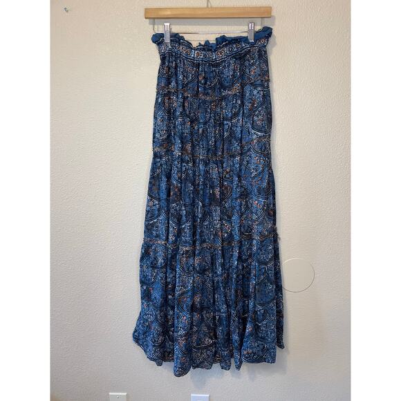 Free People Boho Cottage Core Blue Printed Tiered Linen Blend Maxi Skirt Small - Picture 3 of 16